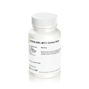 White plastic bottle labelled Plant cell Gesolgel-MTC-Gellan gum (High Acyl) 100g with warning text, on a white background. This high acyl gellan gum is designed for plant cell culture applications, providing clarity and consistency in various formulations.
